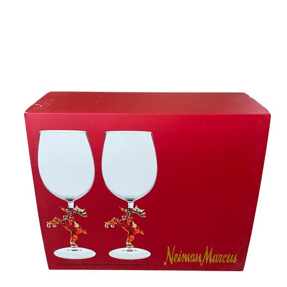 Neiman Marcus Christmas Reindeer Wine Glass Set of 2 in Holiday Red Gift Box NEW - Picture 13 of 13